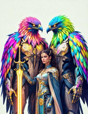 The primary subject of the image is a woman dressed in a blue and gold costume, holding a sword. She is surrounded by two colorful birds, one on her left and the other on her right. The setting appears to be a fantasy or mythical world, as the woman and the birds are depicted in a stylized manner. The visual style of the image is digital art, with the woman and birds being the main focus of the composition. The colors and mood of the image are vibrant and lively, with the woman's costume and the birds' vivid colors creating a sense of excitement and adventure.